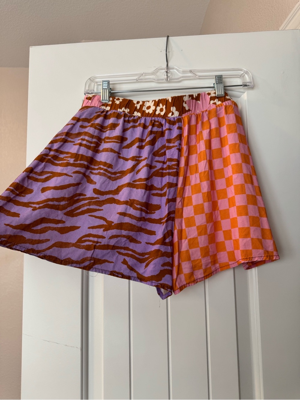 Colorblock Checker & Animal-Print Skater Skirt in Pink and Brown